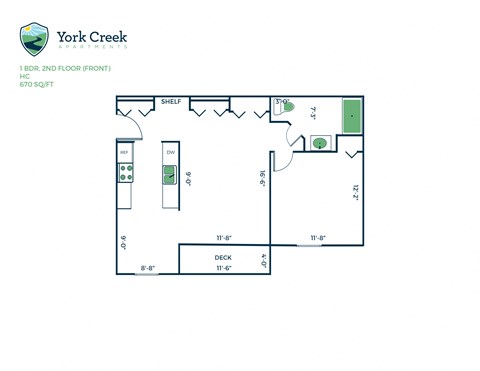 Floor plan for 1 bed, 1 bath, 670 sqft